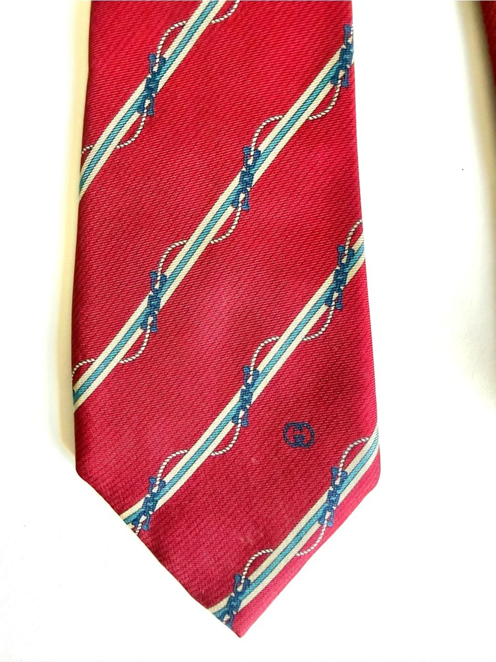 GUCCI Vintage Silk Tie Red Diagonal Stripe Nautical Rope Interlocking GG 80s